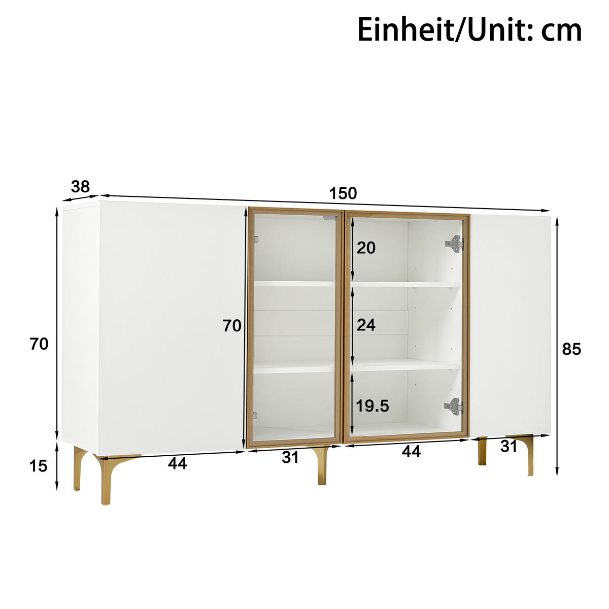 SIDEBOARD mit 4 Türen, grifflos, MDF und gehärtetes Glas, modernes asymmetrisches Design, goldfarbenen Metallfüßen, 150/38/85 cm, Weiß - Weiß, Holzwerkstoff (150/85/38cm) - Redom