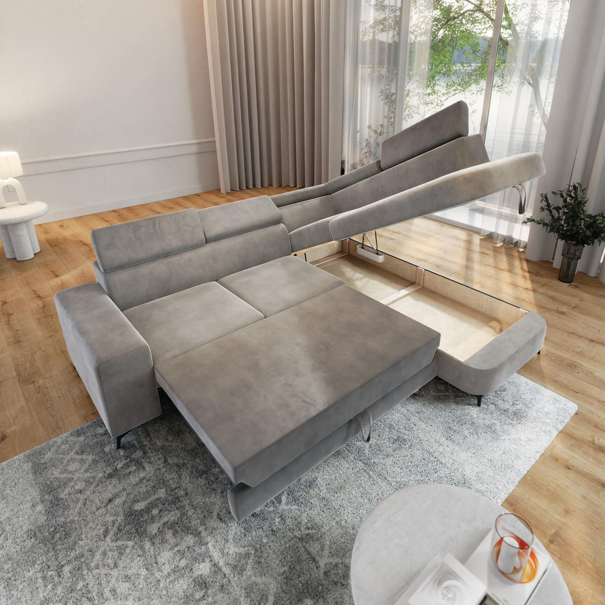 ECKSOFA ALVORO R-S Hellgrau Velours-Stoff mit Schlaffunktion - Hellgrau, Holz (253/190cm) - MASSENO