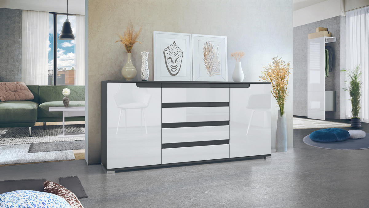 SIDEBOARD Sylt Weiß Hochglanz / Anthrazit matt - Weiß Hochglanz, Holzwerkstoff (166.5/75.5/35cm) - Vladon