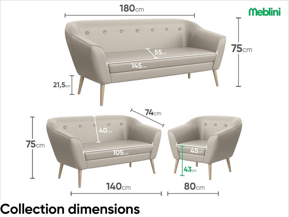 SOFA Doris (3-Sitzer) - Beige/Buchefarben, Holzwerkstoff/Buchenholz (180/75/74cm) - Meblini