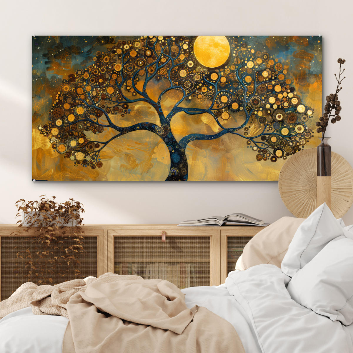 ACRYLGLASBILD Baum - Mond - Blumen - Gold - Kunst 120x60 cm - Orange, Glas (120/60cm) - MuchoWow