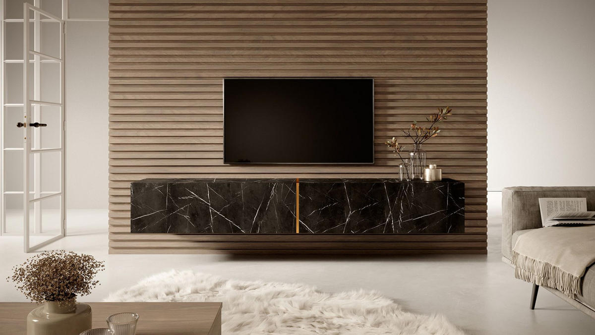 TV-LOWBOARD Bisira Schwarze Marmoroptik / Gold 200 cm - Schwarz, Holzwerkstoff (200/30/31.6cm) - Selsey