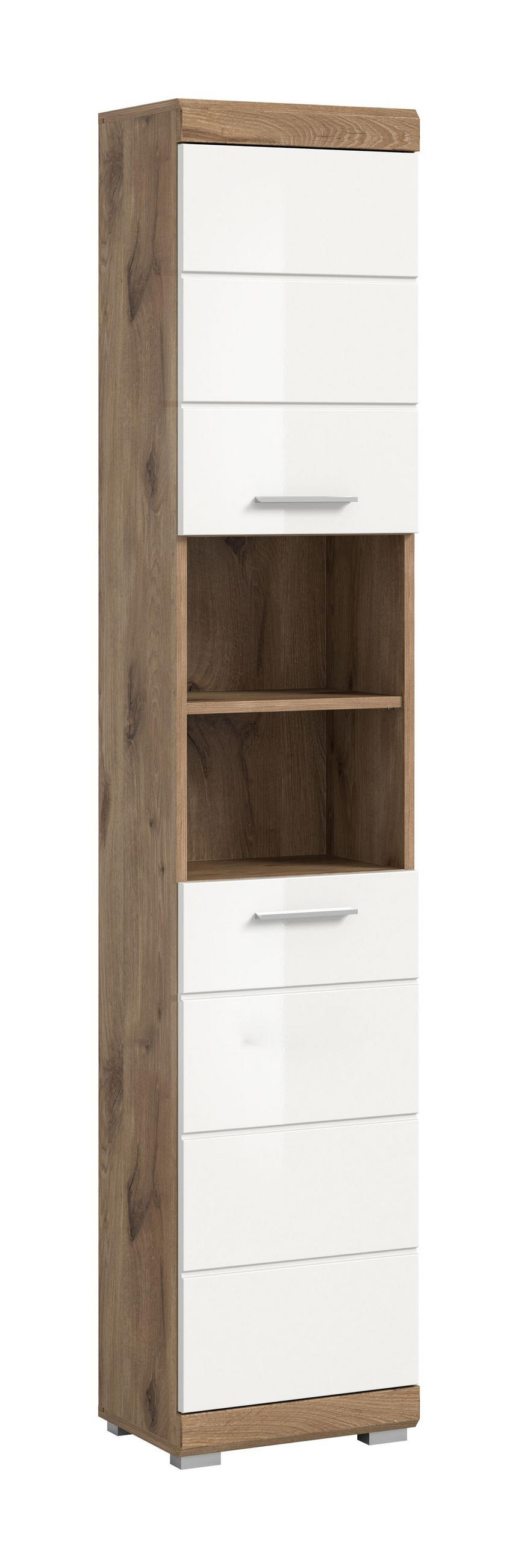 HOCHSCHRANK Wave Bad in Nox Oak Nachbildung und weiß hochglanz B/H/T: 37x191x31 cm - Eichefarben, Holz (74/141/31cm)