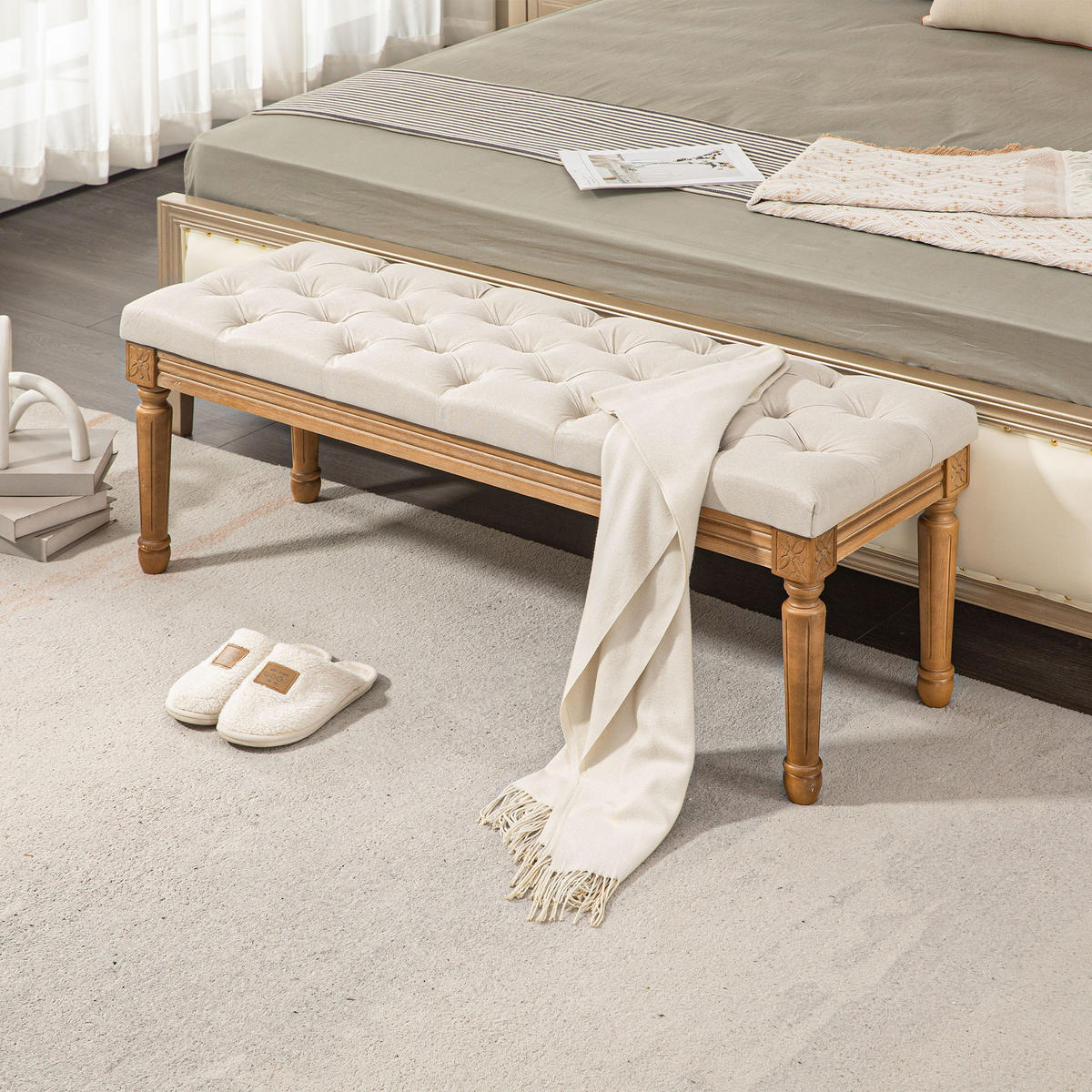 SITZBANK, Polsterbank mit Leinenoptik, Holzbeine, Bettbank, 120 x 41 x 48 cm, Creme - Creme, Kunststoff (41/48/120cm) - HOMCOM