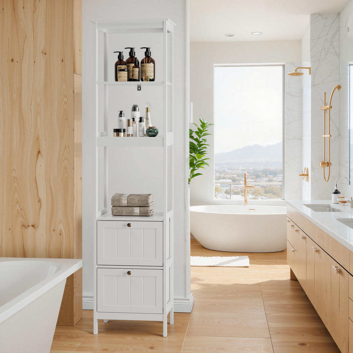 HOCHSCHRANK 40x30x160 cm Weiß aus Spanplatte mit 2 Schubladen & 3 offenen Regalen - Weiß, Holzwerkstoff (40/160/30cm) - Modfu