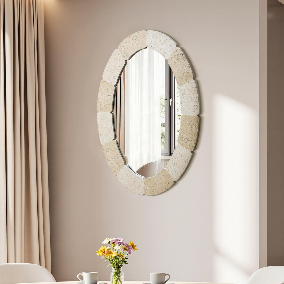 78CM H Ovaler Wandspiegel mit Polyharzrahmen Geeignet für Badezimmer, Wohnzimmer, Schlafzimmer usw. Moderner Boho-Stil - Beige/Akaziefarben, Glas/Kunststoff (78/3.5/52cm) - Hometopia