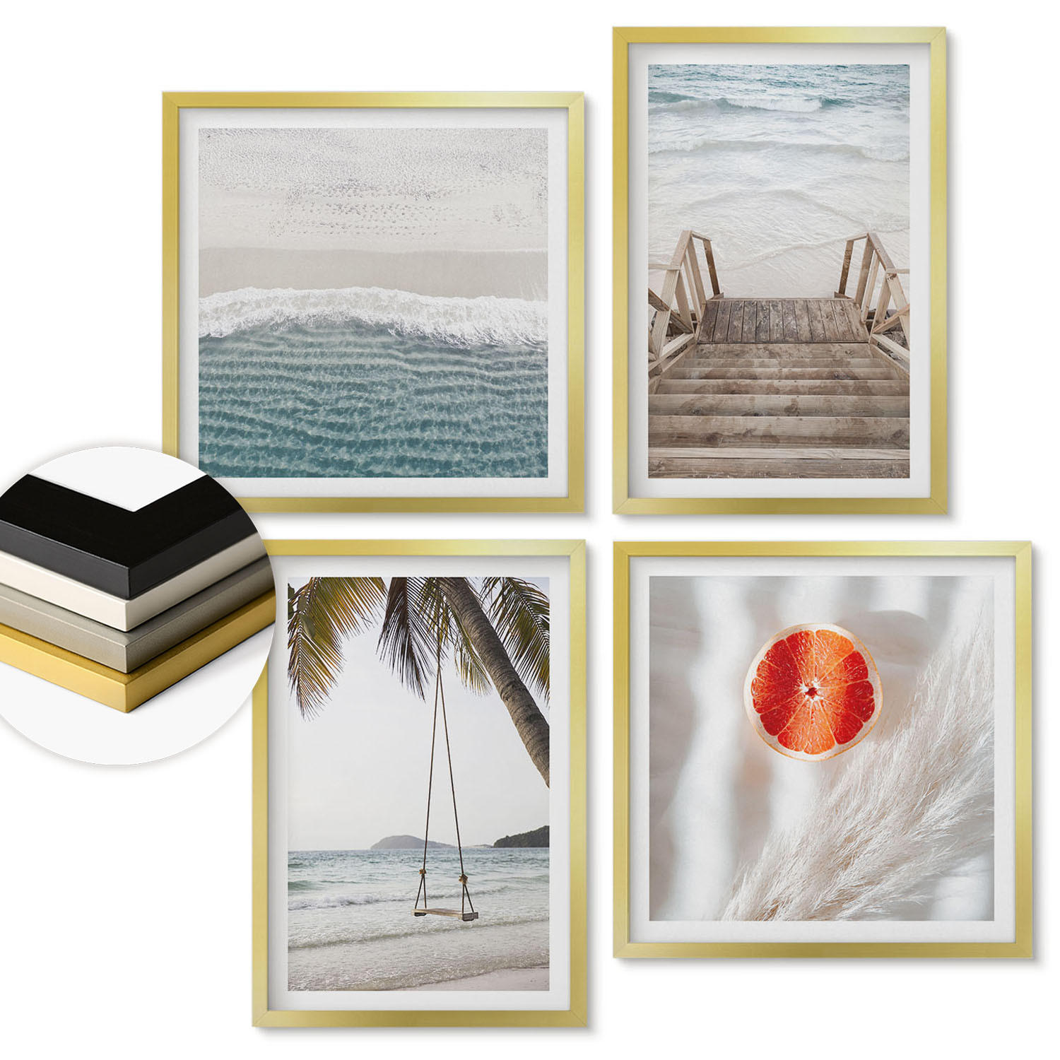 WANDBILDER 4er Set - 50x50 cm & 40x60 cm Goldrahmen - Strandatmosphäre dank hölzerner Treppen. - Goldfarben, Kunststoff (50/50cm) - ArtPrintCave