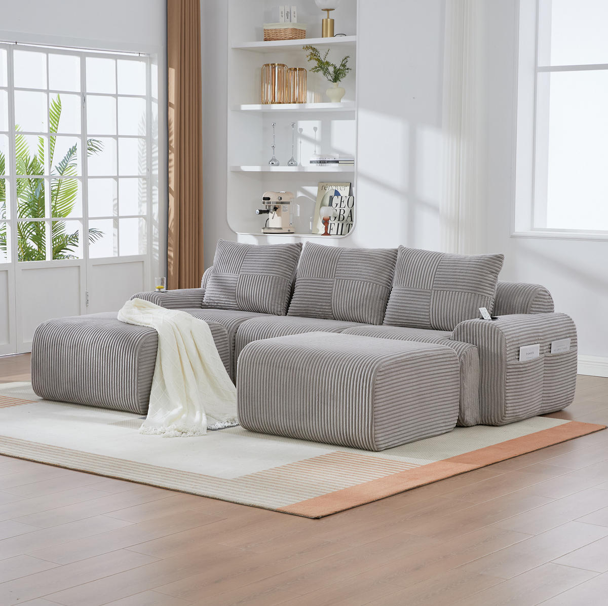 SOFA modular 3-Sitzer Cord Light Gray mit 2 Hockern - Hellgrau, Kunststoff (174/80/268.1cm) - Meubliv