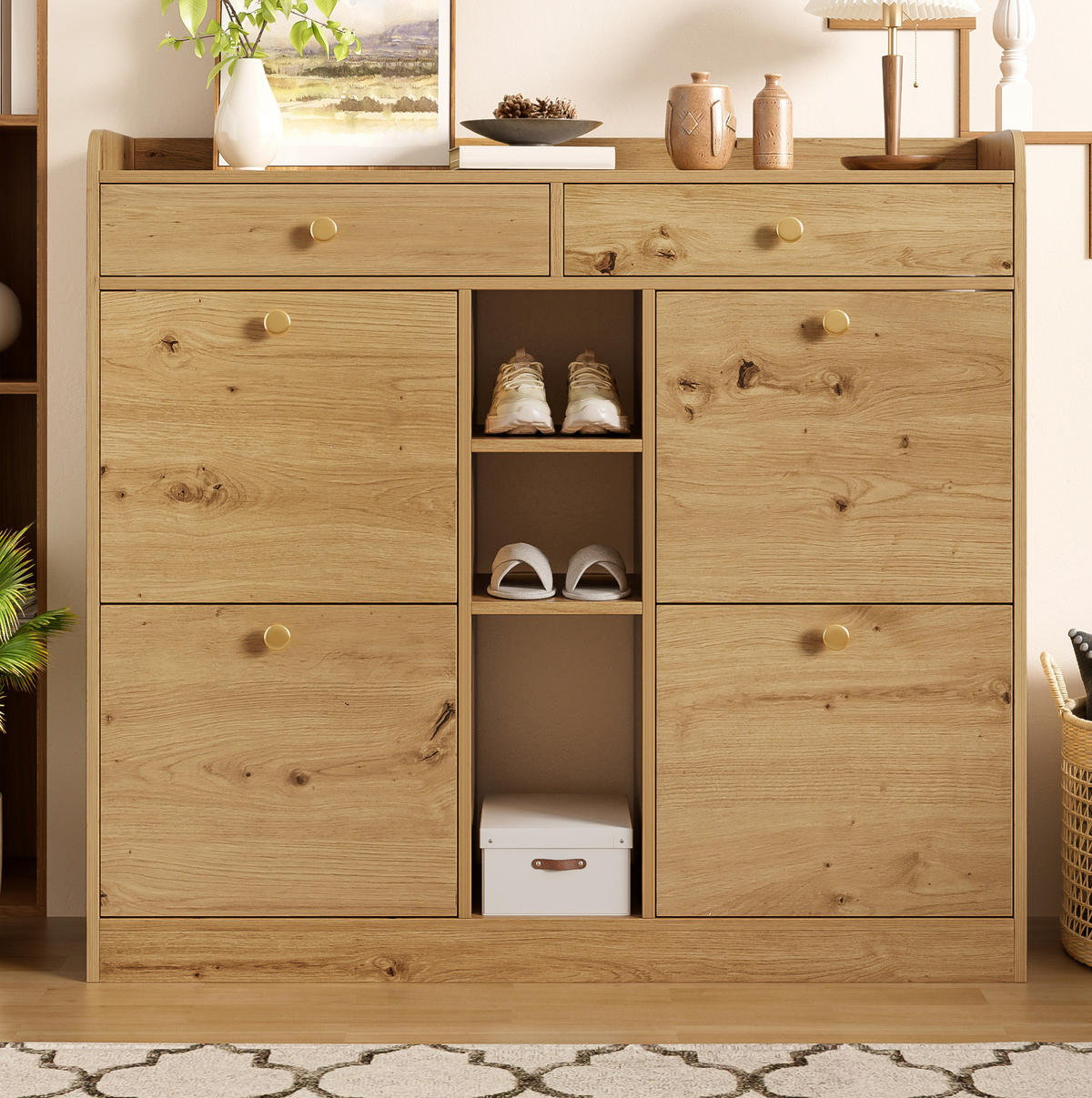 SCHUHSCHRANK 110/26/100 cm mit 4 Klapptüren, 2 Schubladen und 3 offenen Fächern, Natur - Naturfarben, Holzwerkstoff (110/100/26cm) - Redom