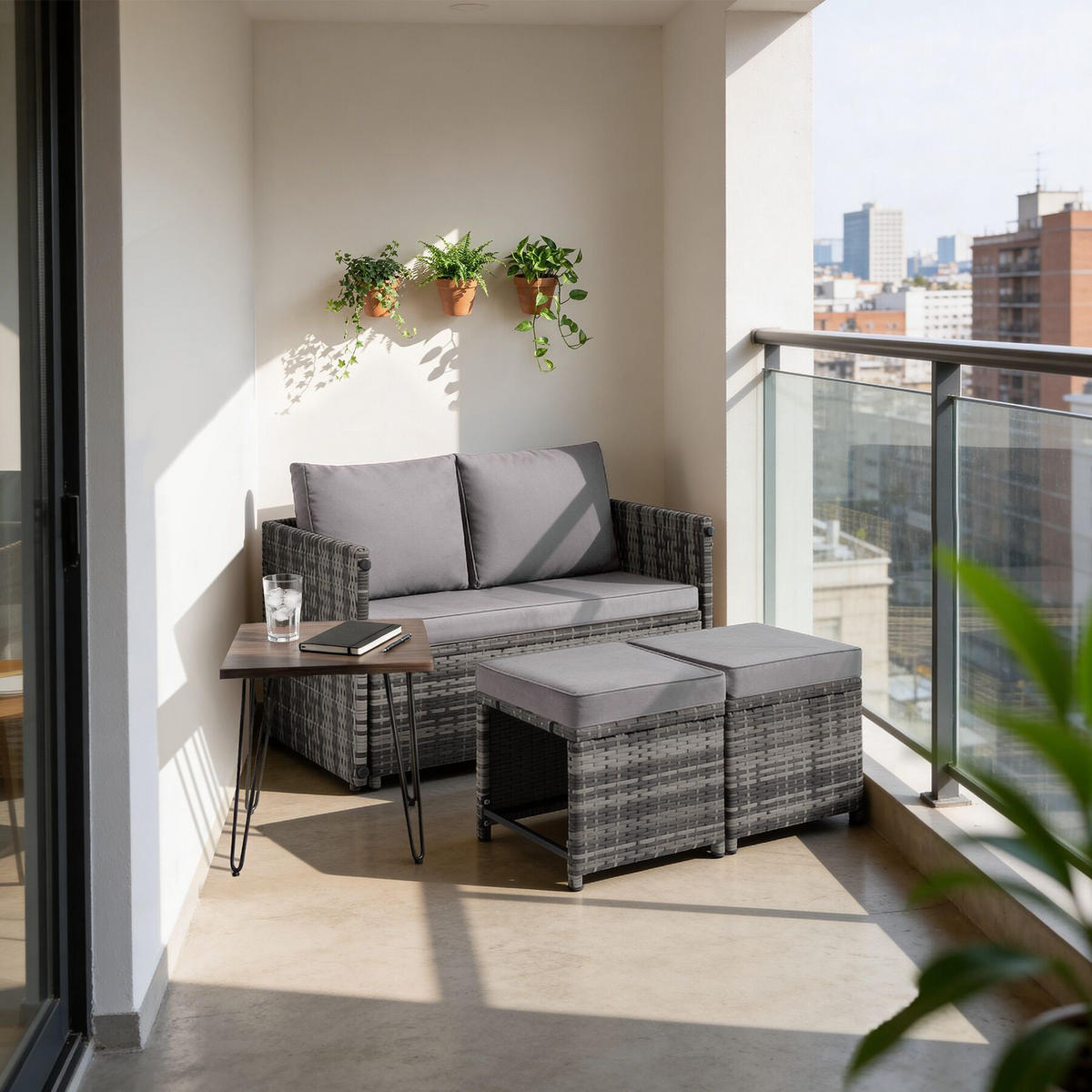 2-IN-1-RATTANLOUNGE-SET Monopoli, höhenverstellbare Tischfüße, grau - Grau, Kunststoff - tectake