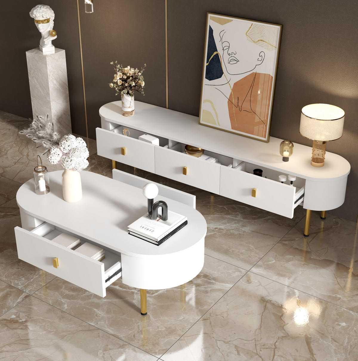TV-SCHRANK und Couchtisch Kombination 174/50/40 cm weiß MDF mit goldenen Griffen - Weiß, Holzwerkstoff (174/41/35cm) - OKWISH
