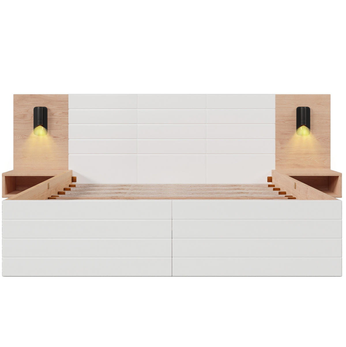 HOLZBETT 160/200 cm in Weiß/Eiche – mit Kopfteil, USB und 2 Schubladen - Weiß, Holzwerkstoff (160/200cm) - BEAOK