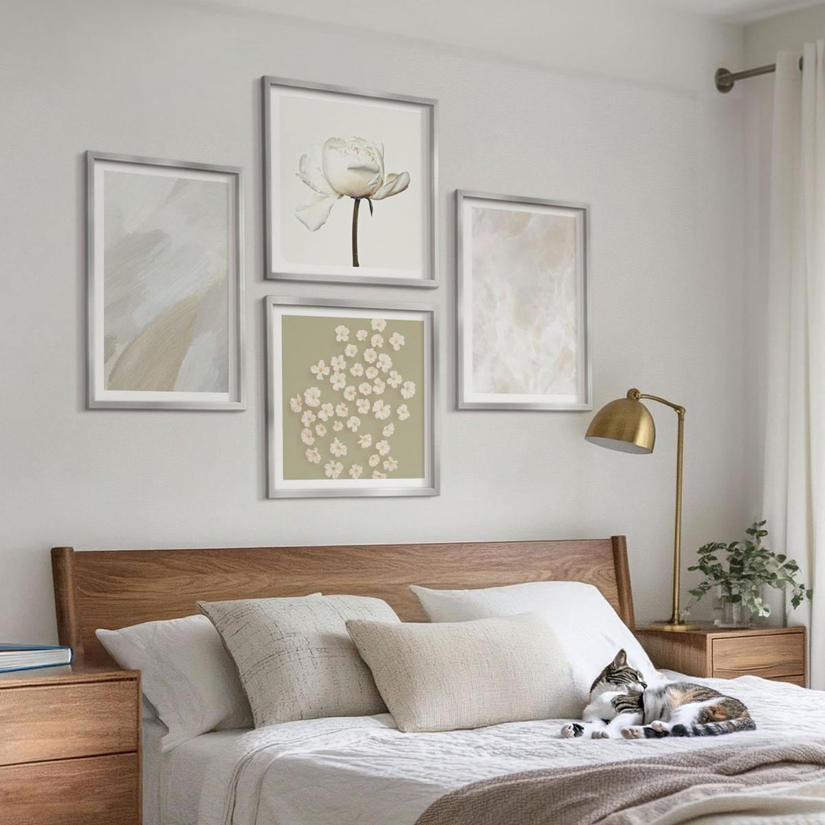 WANDBILDER 4er Set - 50x50 cm & 40x60 cm Silberner Rahmen - Blumen, modische Boho-Texturen - Silberfarben, Kunststoff (50/50cm) - ArtPrintCave