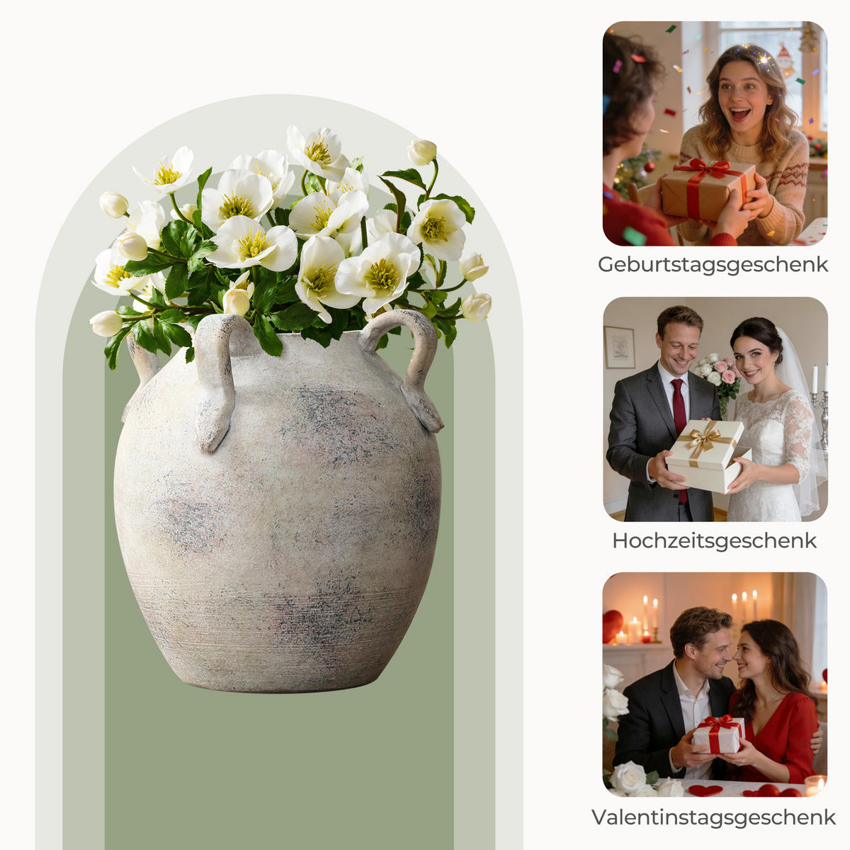 TERRAKOTTA-VASE mit Vierfach-Henkeln 20.8/23cm, Grauweiß - Weiß, Keramik (23cm) - Hometopia