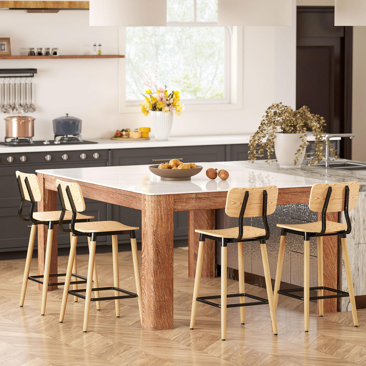 BARHOCKER 2er-Set mit Rückenlehne, Hellbraun - Naturfarben, Holzwerkstoff (41/94/47cm) - HOMCOM