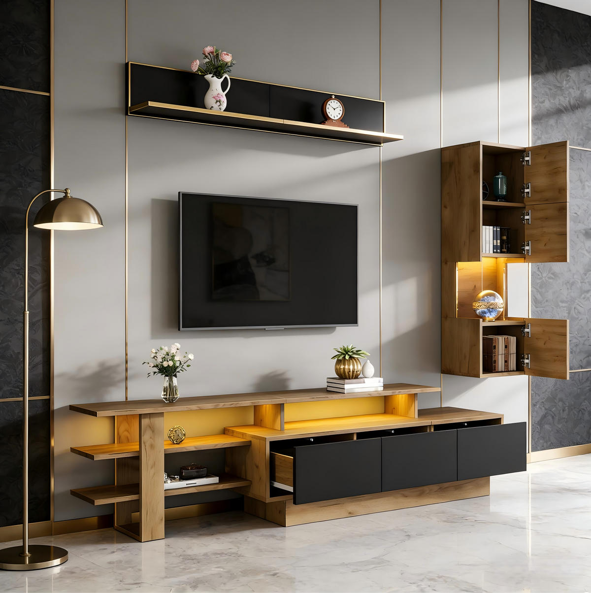 TV-WOHNWAND 3-tlg. 180 cm MDF/Acryl Natural+Black mit LED - Schwarz, Holzwerkstoff (40/45/150cm) - Beauniv
