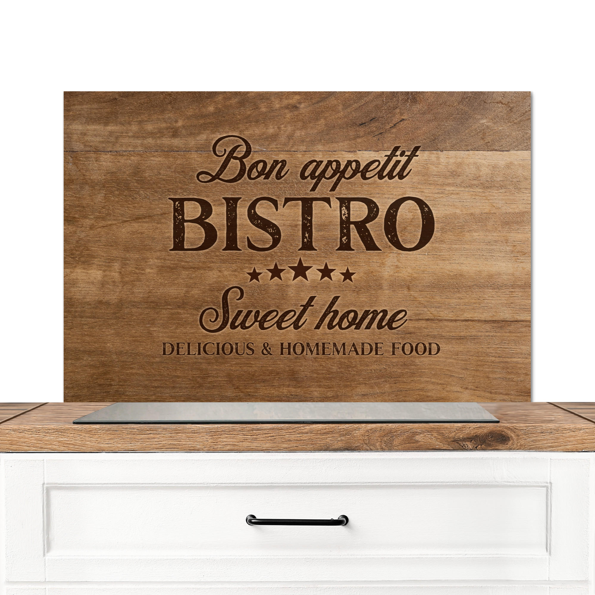 SPRITZSCHUTZ KÜCHE Zitat - Bistro - Guten Appetit - Süßes Zuhause - Holzmaserung 90x60 cm - Braun, Metall (90/0.3/60cm) - MuchoWow