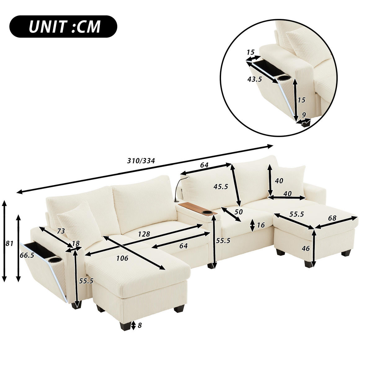 SOFA U-Form mit 2 Hockern 334 x 128,5 x 81 cm Cord Beige - Beige, Kunststoff (128.5/81/334cm) - Meubliv
