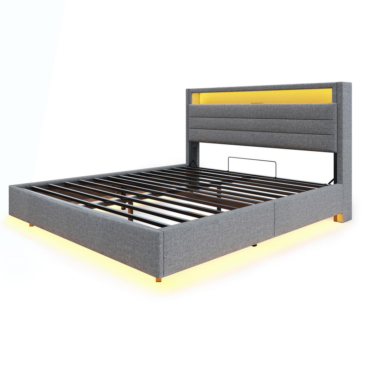 POLSTERBETT 160/200 cm mit LED-Beleuchtung, USB-Anschluss und hydraulischem Stauraum, Leinenoptik, Grau - Grau, Textil (160/200cm) - Redom