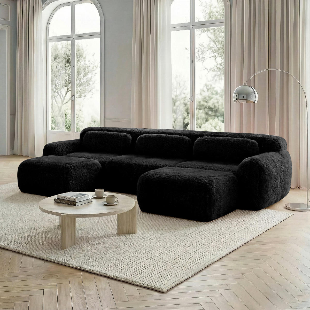 ECKSOFA 291/179/73 cm schwarz aus Plüsch mit U-Form, rutschfester Basis und Kissen - Schwarz, Textil (179/291cm) - OKWISH