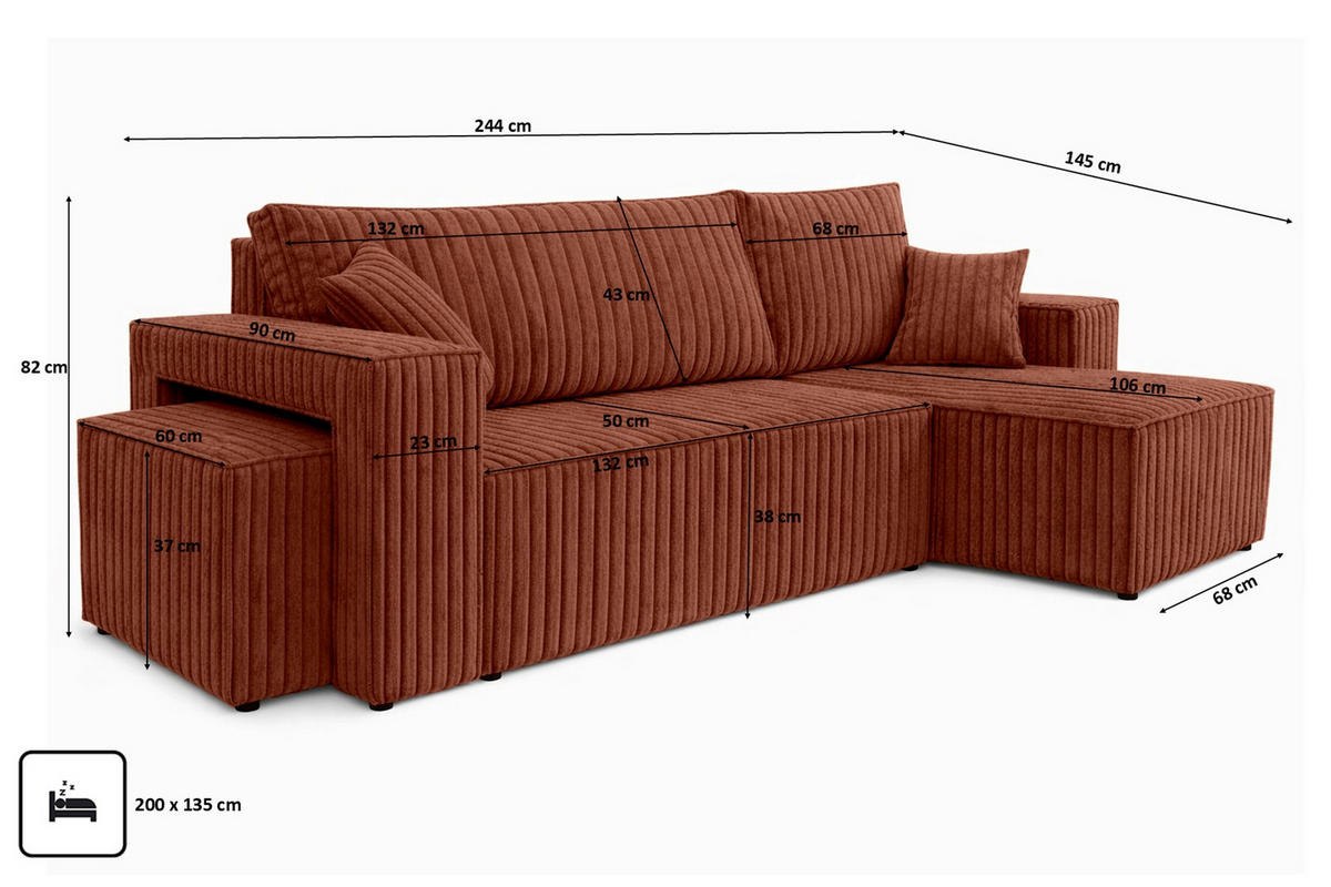 ECKSOFA Mit Schlaffunktion Und Pouf, Cordstoff Tilia, Kupfer, Rechts, Best L Mit Pouf - Orange, Holz (244/145cm) - Kaiser Möbel