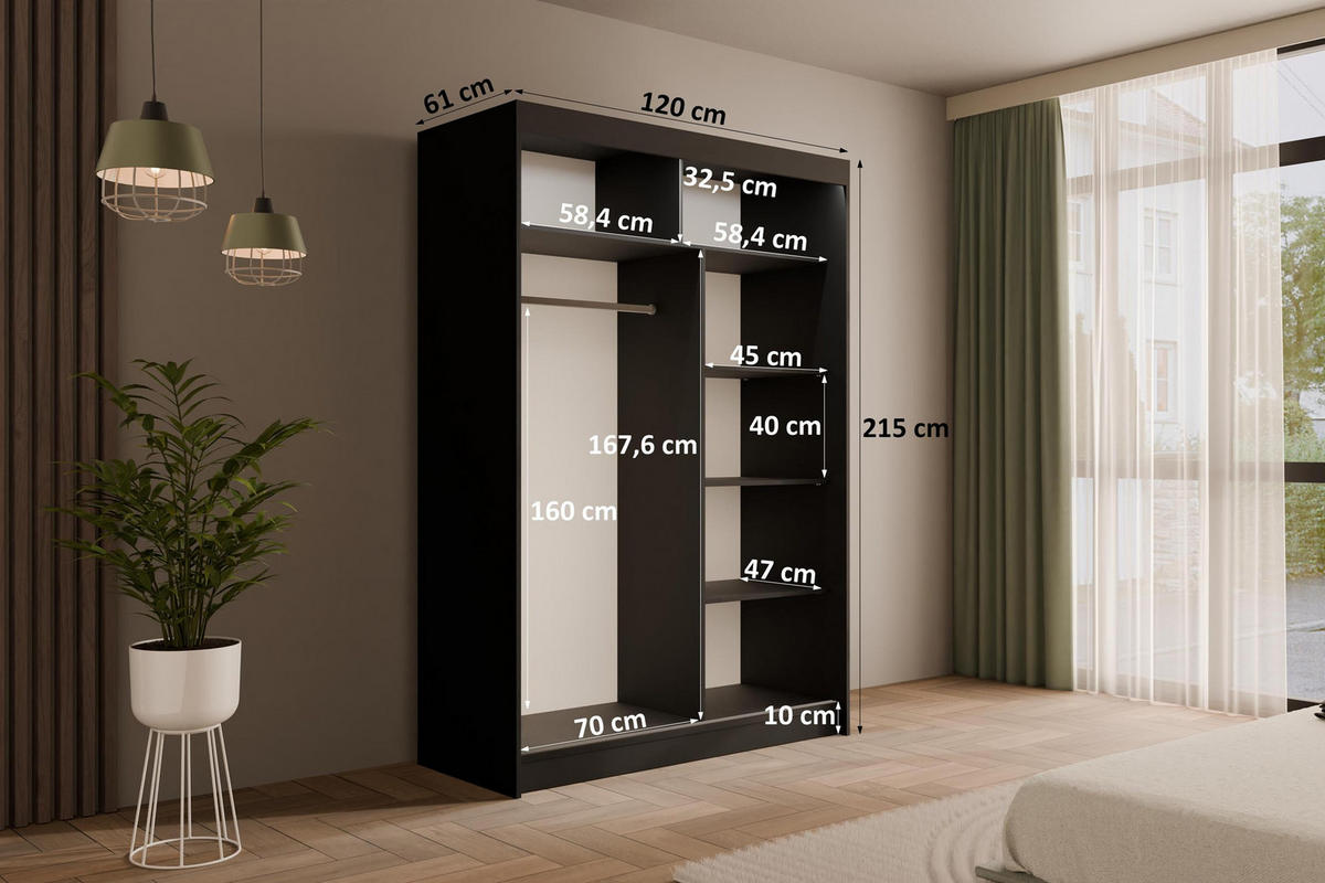 KLEIDERSCHRANK PAOKI mit LED - 120 cm - Schwarz - Schwarz, Holzwerkstoff (120/215/61cm) - ALTDECOR