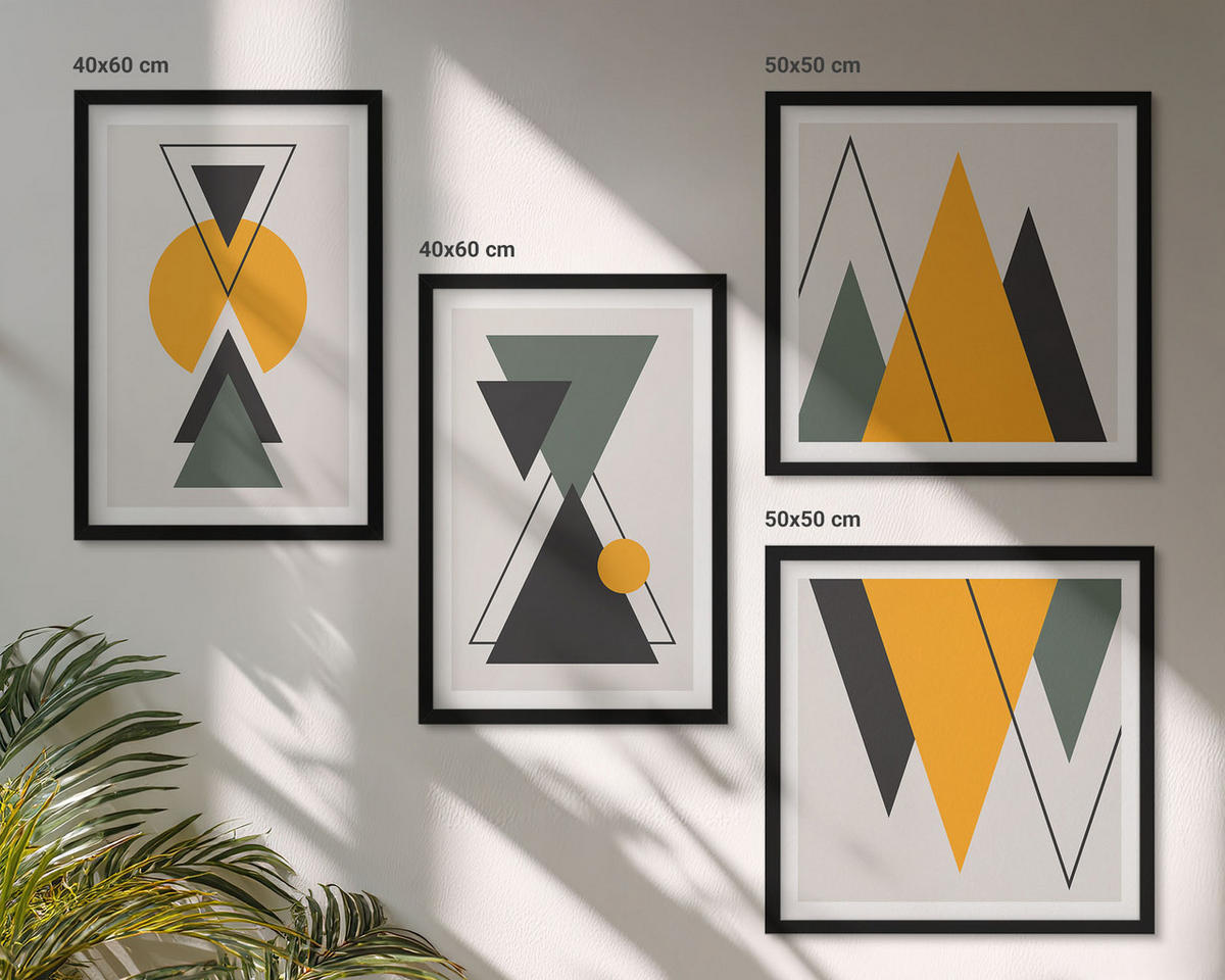 BILDER SET 4er Set - 50x50 cm & 40x60 cm Schwarzer Rahmen - Abstrakte geometrische Formen - Schwarz, Kunststoff (50/50cm) - TULUP