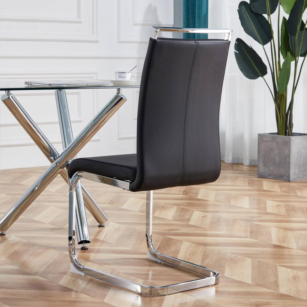FREISCHWINGER 4er Set Kunstleder Schwarz Metallgestell 120kg - Schwarz, Leder (42/100/54cm) - FLIEKS