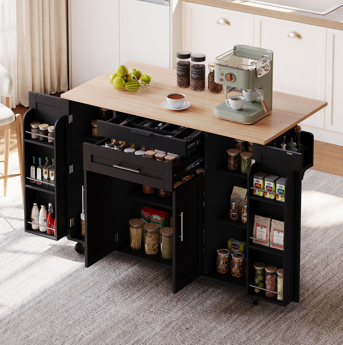 KÜCHENINSEL 136/92/70 cm Schwarz/Natur aus MDF mit ausziehbarer Arbeitsplatte - Schwarz, Holzwerkstoff (70/92/136cm) - OKMYHOME