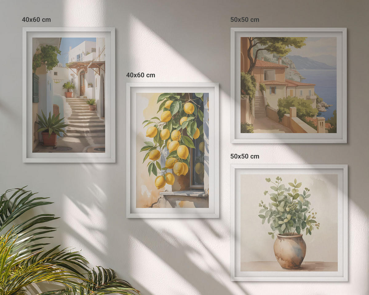 WANDBILDER 4er-Set - 50x50 cm & 40x60 cm Weißer Rahmen - Zitronenblumen im Topf, Straßen - Weiß, Kunststoff (50/50cm) - ArtPrintCave