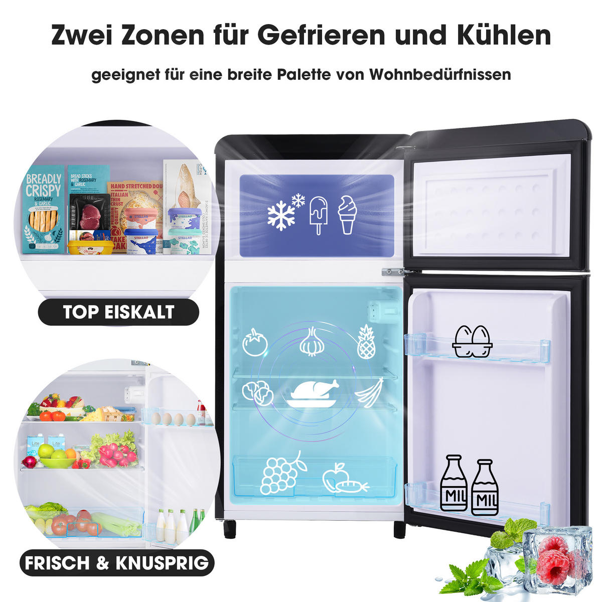 KÜHLSCHRANK 46/45/91 cm Schwarz 72L mit LED-Licht - Schwarz, Metall (45/91/46cm) - Oxeza