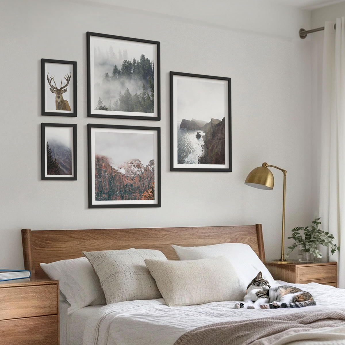 BILDER SET 5er Set - 50x50 cm & 20x30 cm & 40x60 cm Schwarzer Rahmen - Berglandschaft Nebel Hirsch - Schwarz, Kunststoff (40/60cm) - TULUP