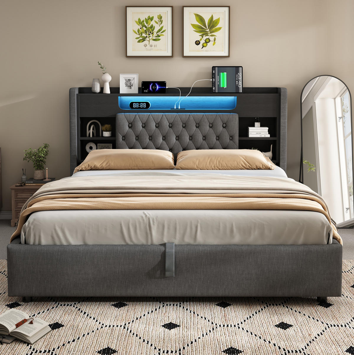 ČALOUNĚNÁ postel 180/200 cm s LED osvětlením, USB-C a hydraulickým úložným prostorem, šedá - šedá, textil (180/200cm) - Redom