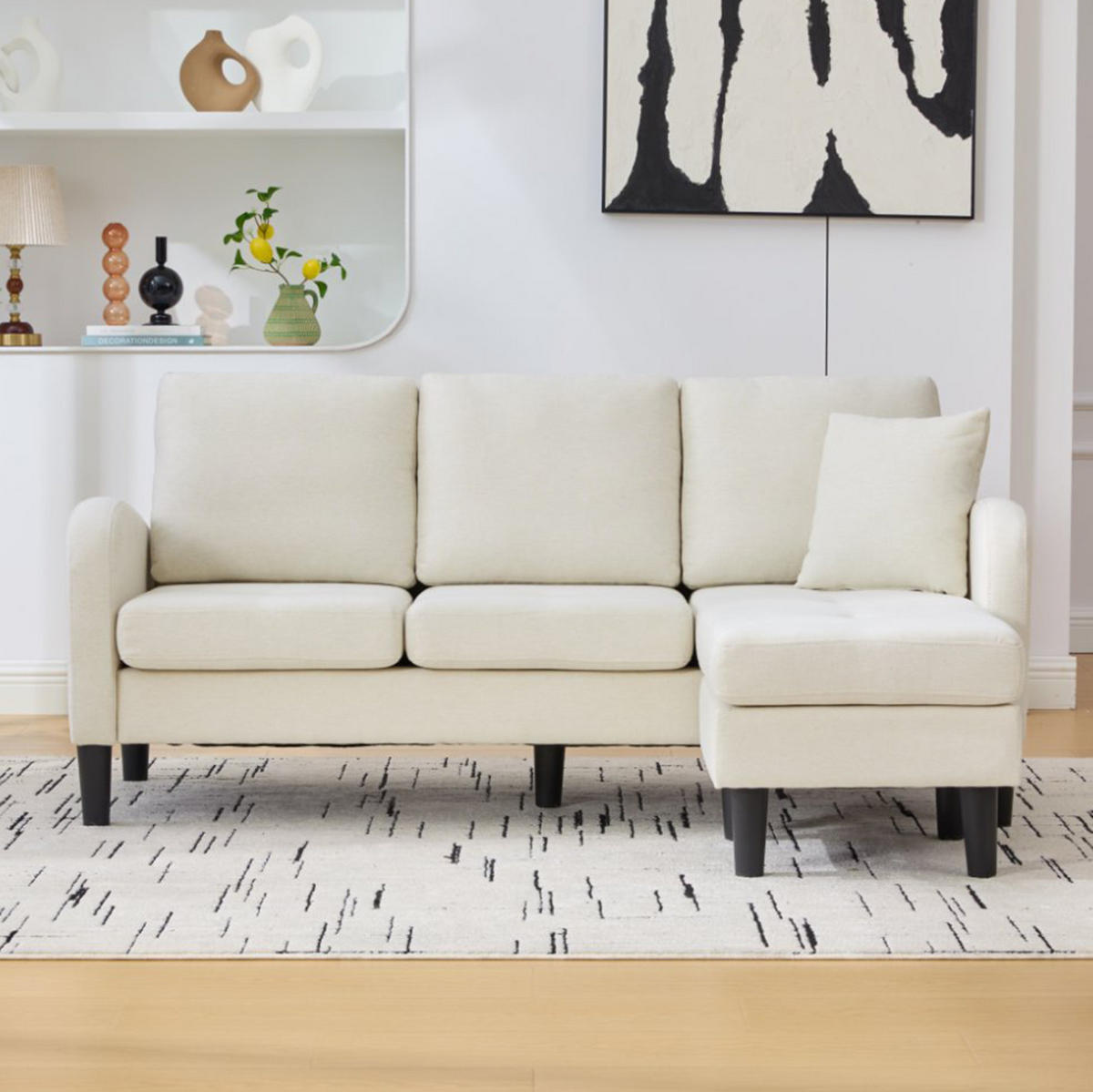 ECKSOFA 166/118/77 cm Hellbeige aus Baumwoll-Leinen-Mischgewebe mit modularer Chaiselongue - Weiß, Textil (118/166cm) - OKMYHOME