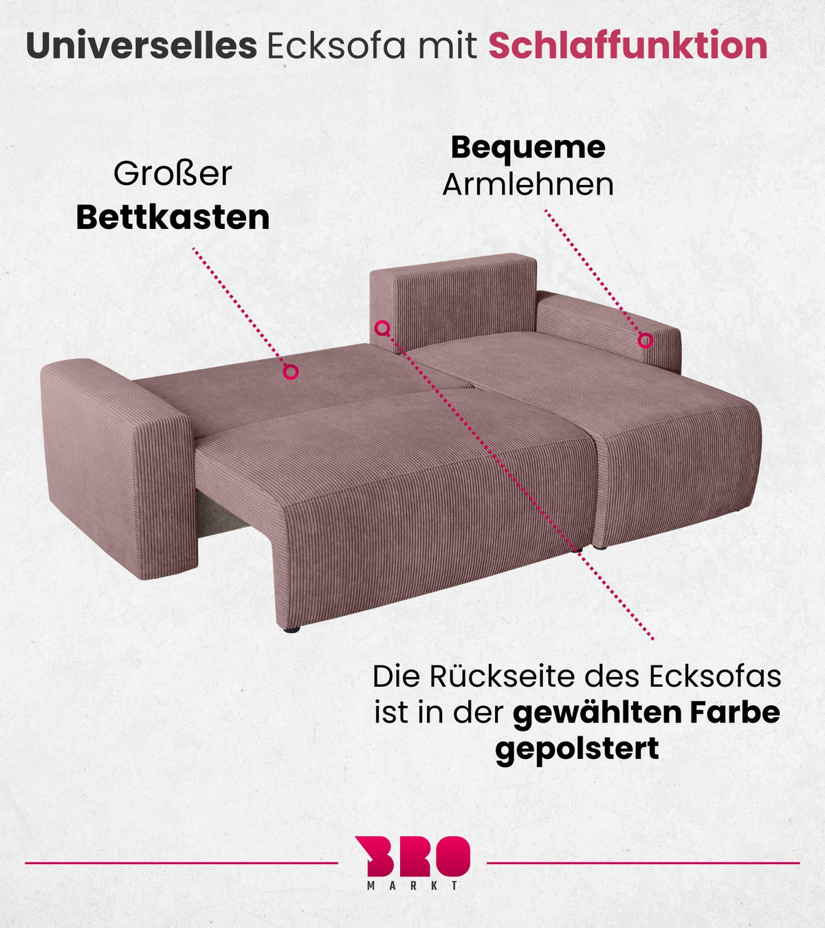 ECKSOFA PLUSH mit Schlaffunktion Rosa Cord - Rosa, Textil (240/145cm) - Bromarkt