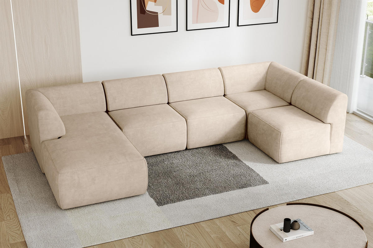 WOHNLANDSCHAFT Ottomane Links MOVA 345x180x78 Beige Samt - Beige/Schwarz, Holzwerkstoff/Kunststoff (180/78/345cm) - ALTDECOR
