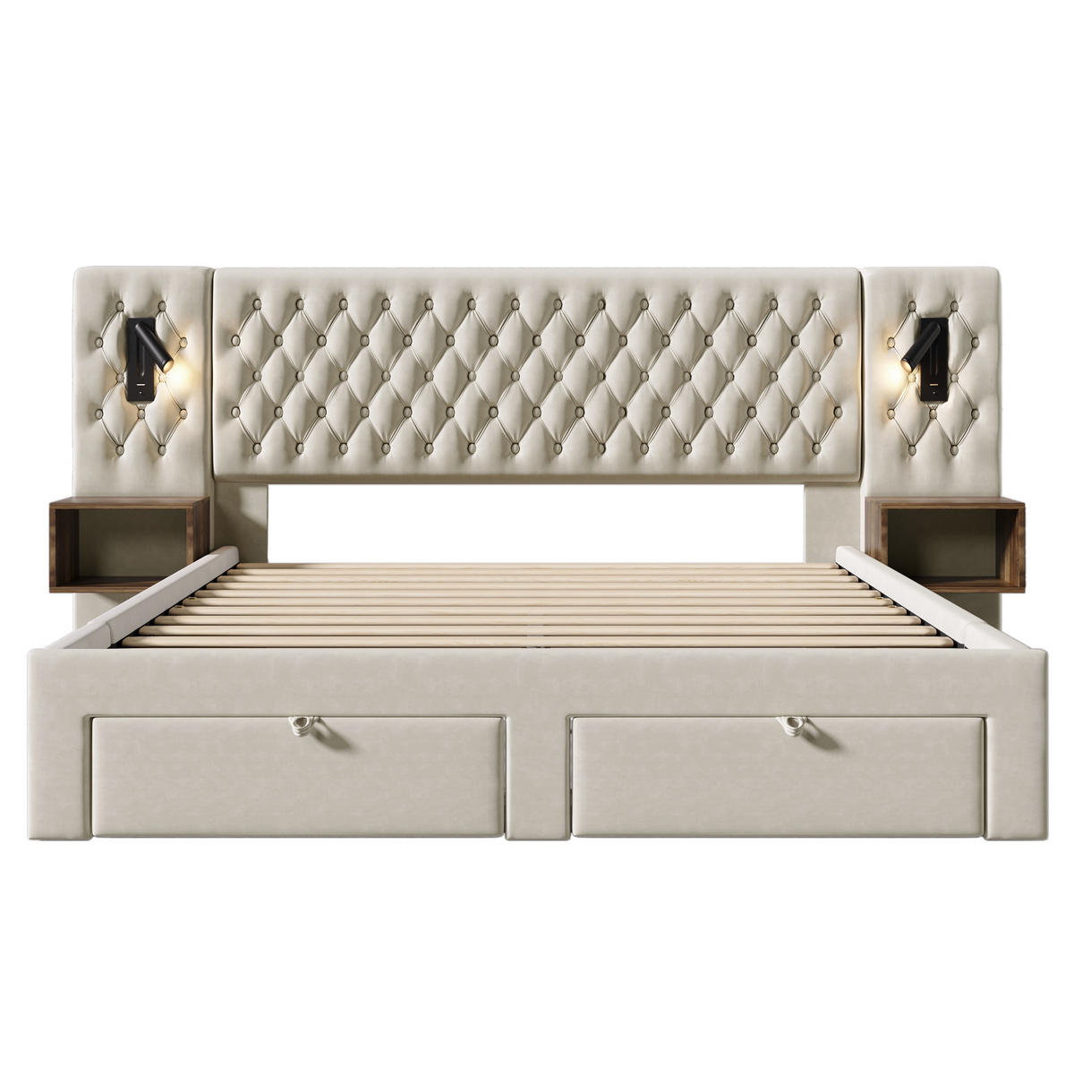 POLSTERBETT 180/200 cm Beige mit Nachttischen und USB-Ladeanschluss Ohne Matratze - Beige, Textil (180/200cm) - OKWISH