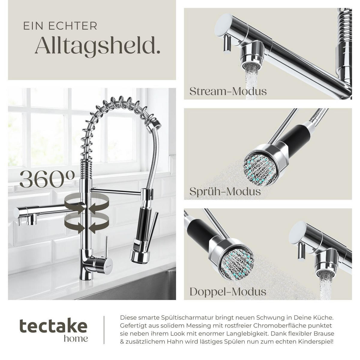 KÜCHENARMATUR, inklusive 2 Anschlussschläuche, grau - Grau, Metall (5/52/24.5cm) - tectake