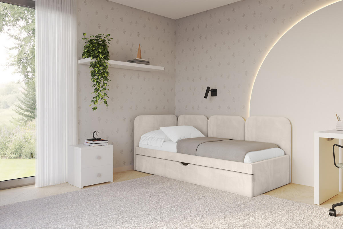EINZELLBETT Jugendbett mit Bettkasten und Matratze H3/H4, Rechts - ALVY 90x200 Beige - Sandfarben, Holzwerkstoff/Textil (90/200cm) - ALTDECOR