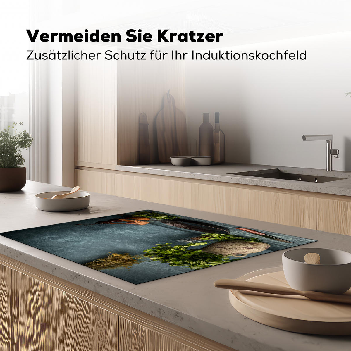 HERDABDECKPLATTE Kräuter - Gewürze - Pfanne - Messer - Grau - Rustikal Induktionsmatte 77x59 cm - Petrol, Kunststoff (77/59/0.2cm) - MuchoWow