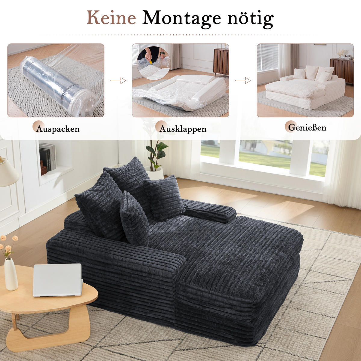 CHAISELONGUE Cordstoff mit Memory-Schaum und 4 Kissen 137/175/63 cm Grau - Grau, Textil (137/63/175cm) - Redom