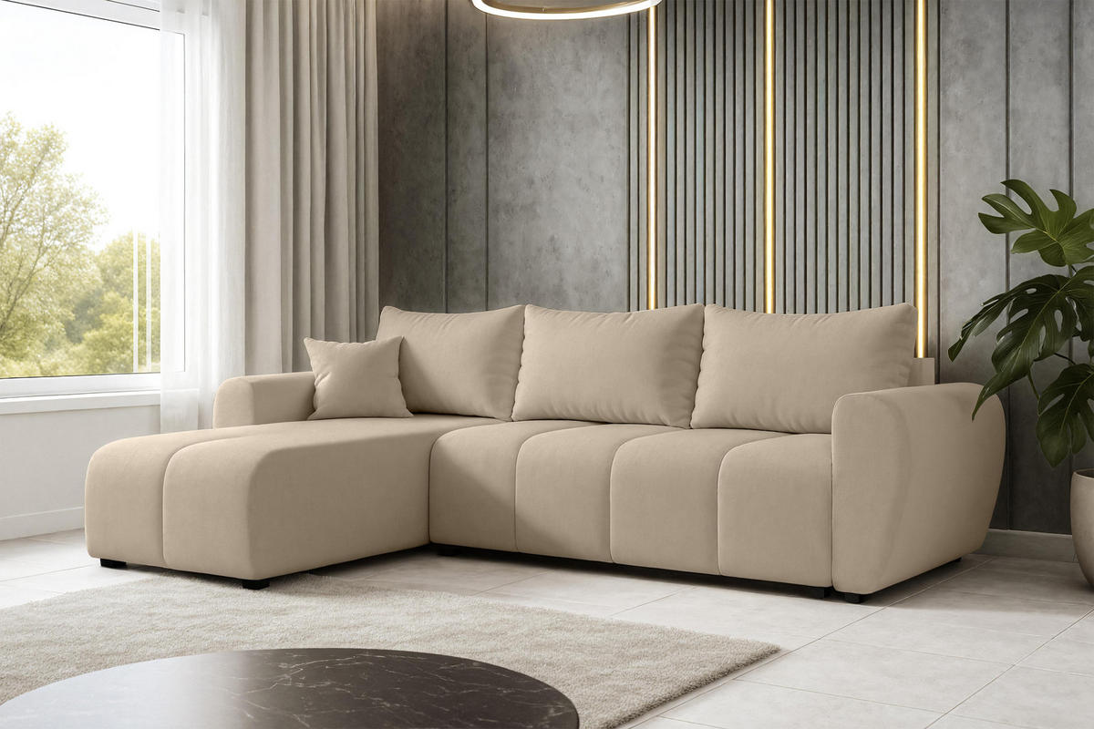 ECKSOFA L Form Malatya Hellbraun 246/145/82 cm stilvolle mit Schlaffunktion L - Hellbraun/Schwarz, Kunststoff/Textil (145/246cm) - AX Living