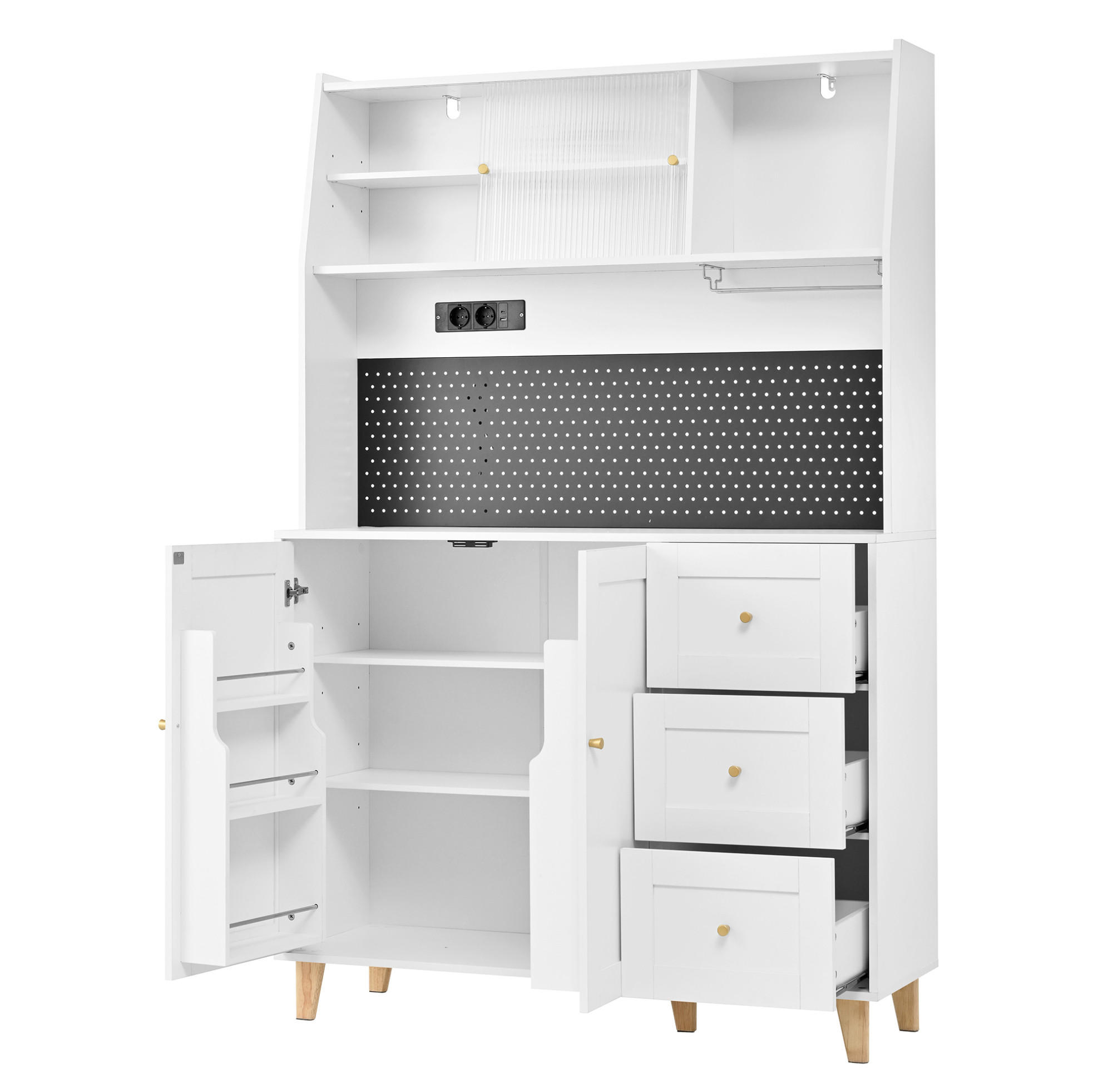 BUFFET 120/40/184 cm aus MDF mit Steckdosen, Lochplatte und Riffelglastüren Weiß - Weiß, Holzwerkstoff (120/184/40cm) - Modenvie