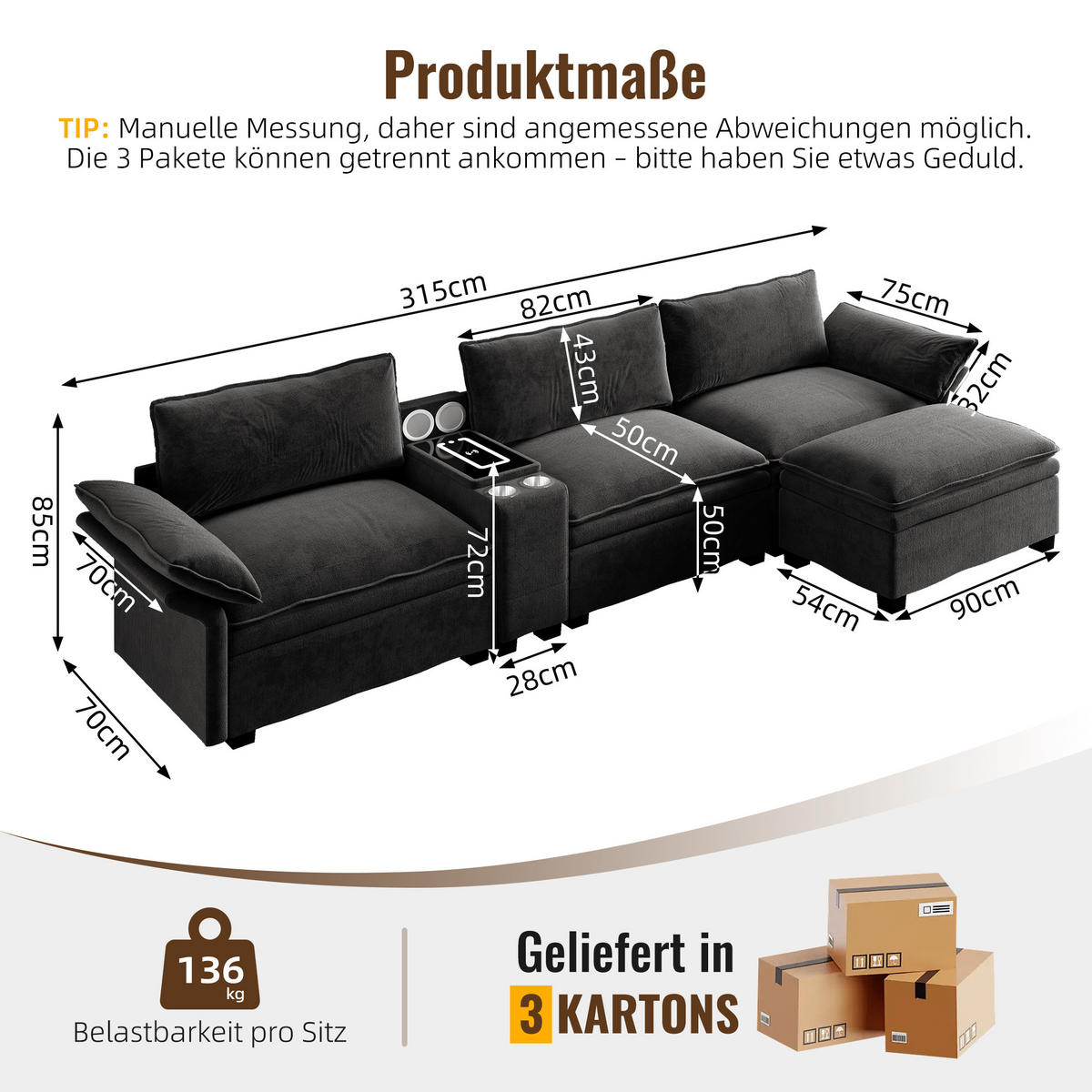 4-SITZER ECKSOFA Chenille Schwarz mit Stauraum, LED und USB - Schwarz, Holzwerkstoff/Textil (315/70cm) - WISHDOR
