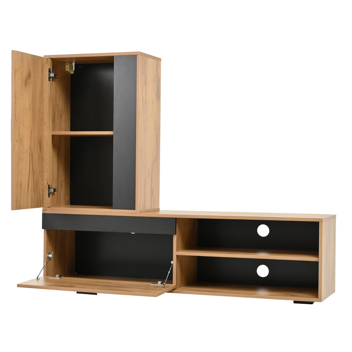 TV-MÖBEL-SET aus Spanplatte 140x35x39 cm Eichefarben/Schwarz mit Wandschrank und Wandregal, Soft-Close und Stauraum - Naturfarben, Holzwerkstoff (140/39/35cm) - Modfu