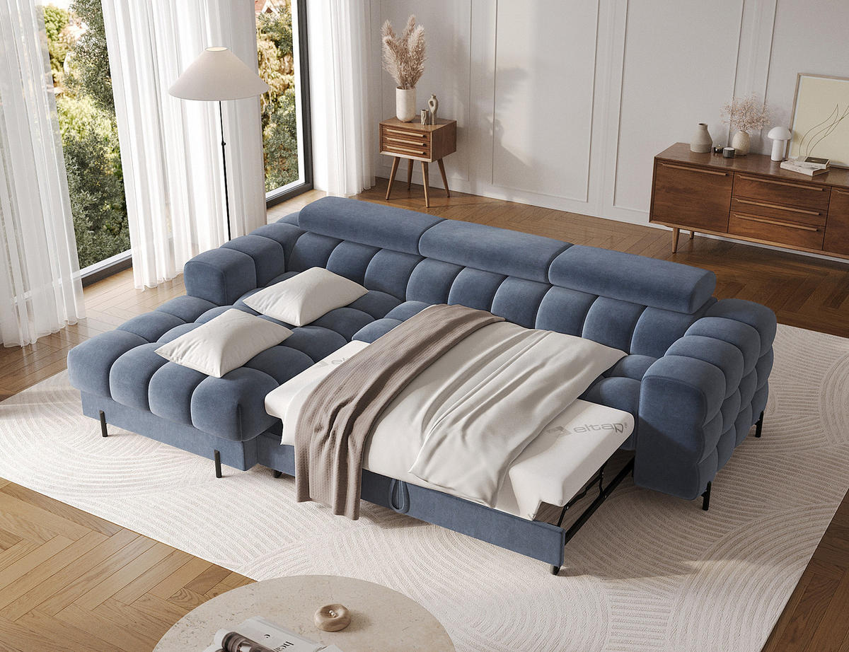 ECKSOFA FELRO mit Schlaffunktion, Bettkasten & verstellbaren Kopfstützen – Modernes Premium-Ecksofa in L-Form - Blau, Kunststoff (285/181cm) - Wohnideebilder
