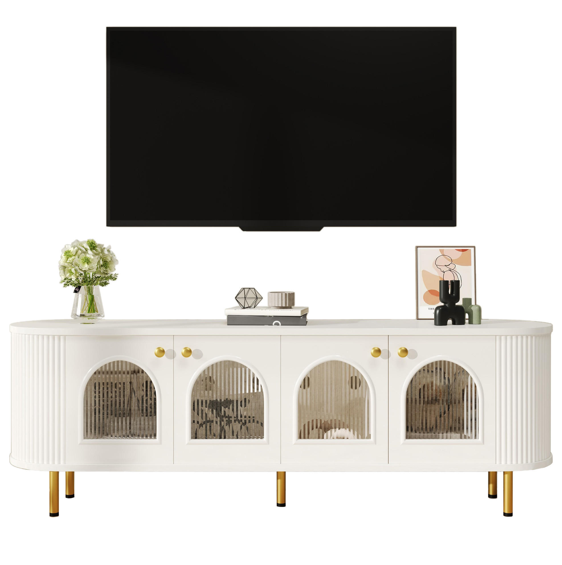 OKWISH TV stolek 170/35/55 cm bílá a zlatá z MDF s prosklenými dvířky a kabelovým průchodem