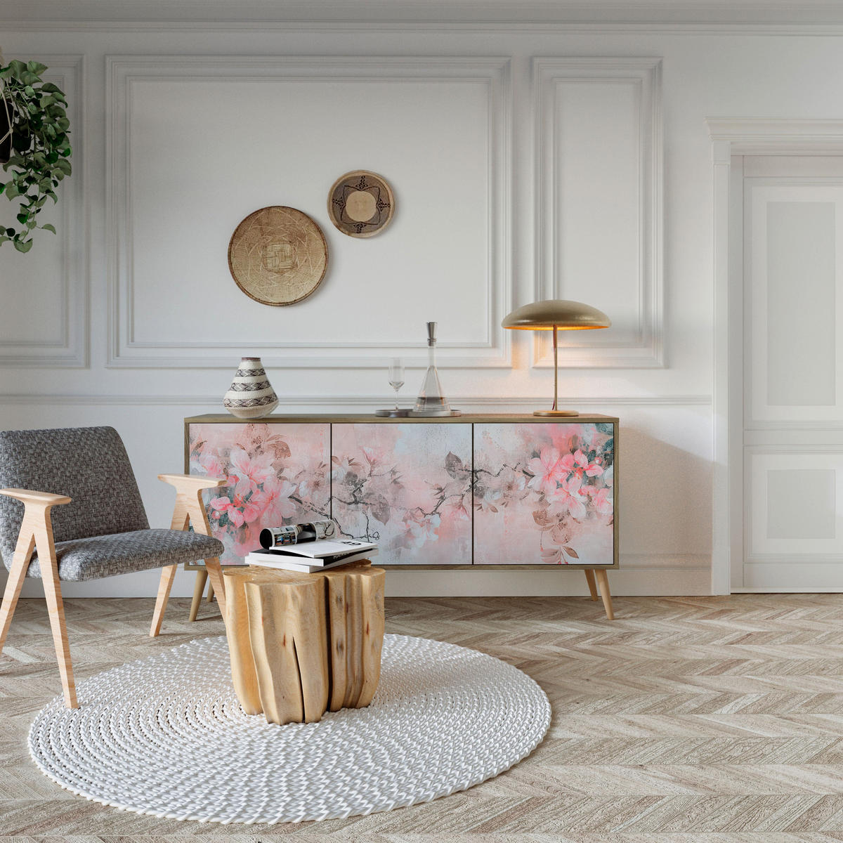 SIDEBOARD CHERRY BLOSSOM, Graue Oberfläche, 164,5x42x72,5 cm, 3 Türen - Schwarz/Grau, Holzwerkstoff/Metall (164.5/72.5/42cm) - SpaceRebels