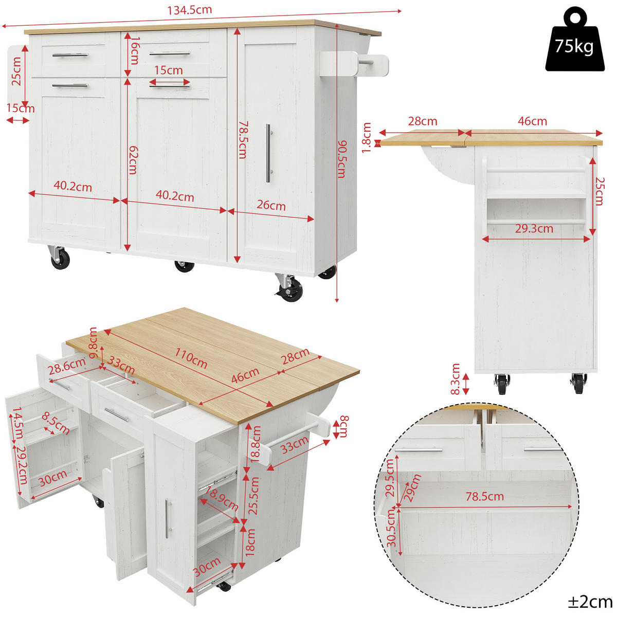 KÜCHENWAGEN 110x74x90.5cm Weiß aus MDF/Metall mit Klappplatte & Schränken - Weiß, Holzwerkstoff (110/90.5/74cm) - Modfu