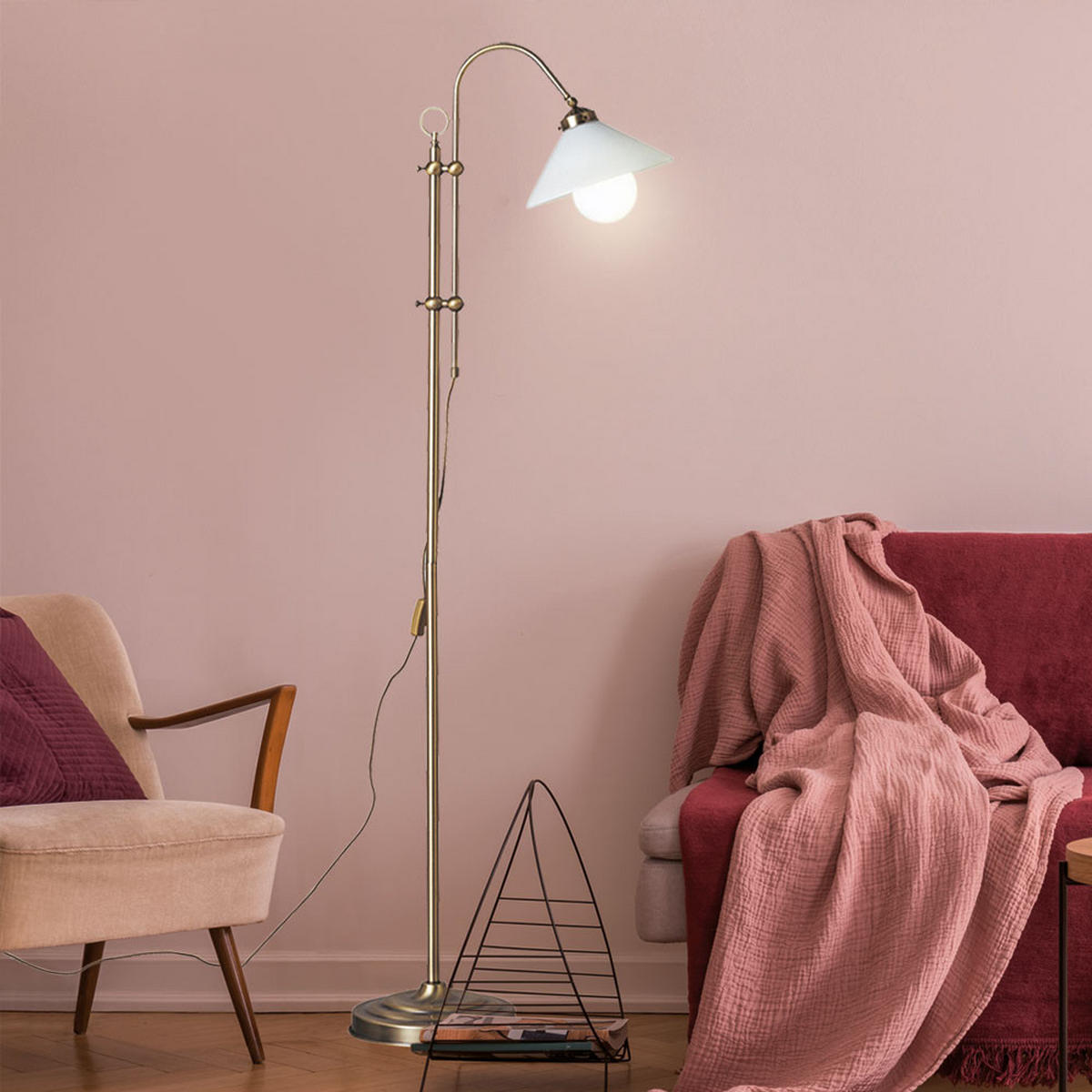 LED STEHLEUCHTE Altmessing Opal - Messingfarben, Glas/Metall (47/23/170cm) - Globo Lighting